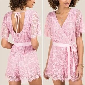 Francesca's Eyelash Lace Scarlett  Belted Tie Back V Neck satin belted Romper XS